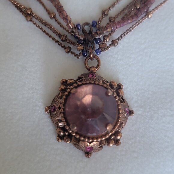 SATELLITE PARIS VINTAGE AMETHYST FACETED GLASS STONE PENDANT W/COPPER NECKLACE - Picture 1 of 7